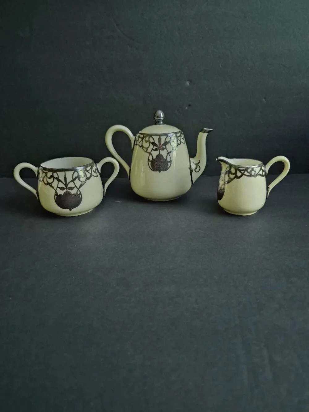Vintage Lenox Porcelain Sterling Overlay 3 Piece Tea Set